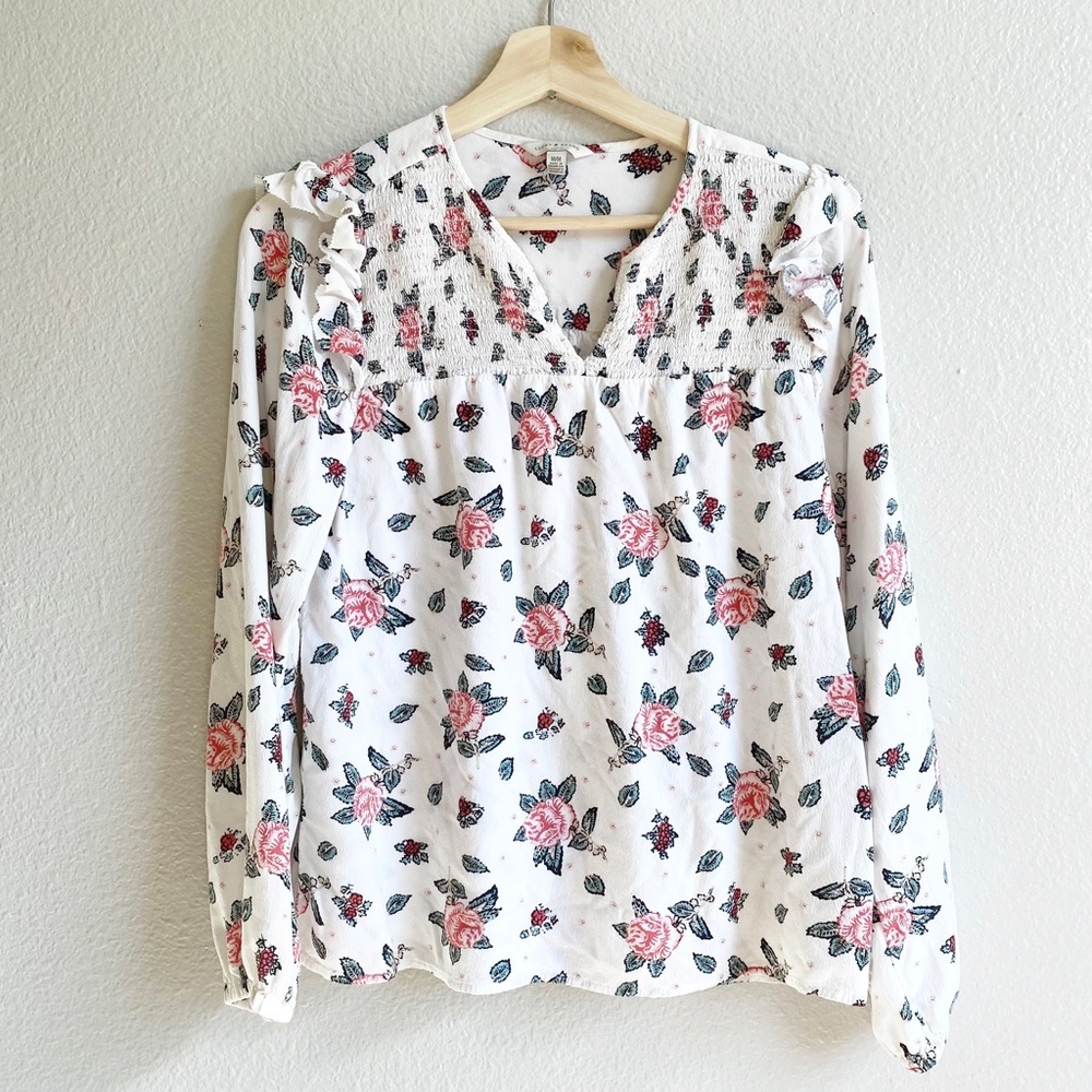 Lucky Brand White Floral Smocked Ruffle Long Sleeve Blouse Size Medium